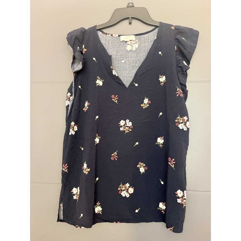 Loft Outlet Womens Navy Blue Floral Ruffle Cap Sleeve V-Neck Blouse Top Size S